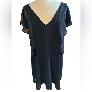 BCBGeneration Black Cascade Ruffled V-Neck Midi Flutter Sleeve Dress Size Large